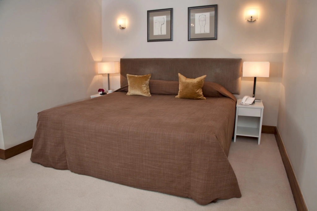 Luxurious Hotel Bedroom Experience Elegant hotel bedroom with king-size bed, plush pillows, framed art, warm lighting, creating a cosy and inviting atmosphere.