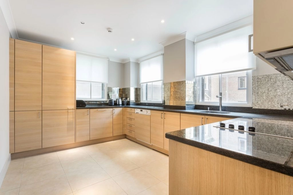 Spacious modern kitchen in Arlington House Apartments, featuring sleek appliances, wooden cabinets, and ample natural light.